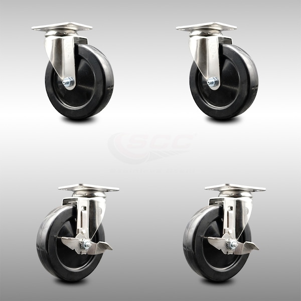 5 Inch 316SS Soft Rubber Wheel Swivel Top Plate Caster Brakes SCC, 2PK